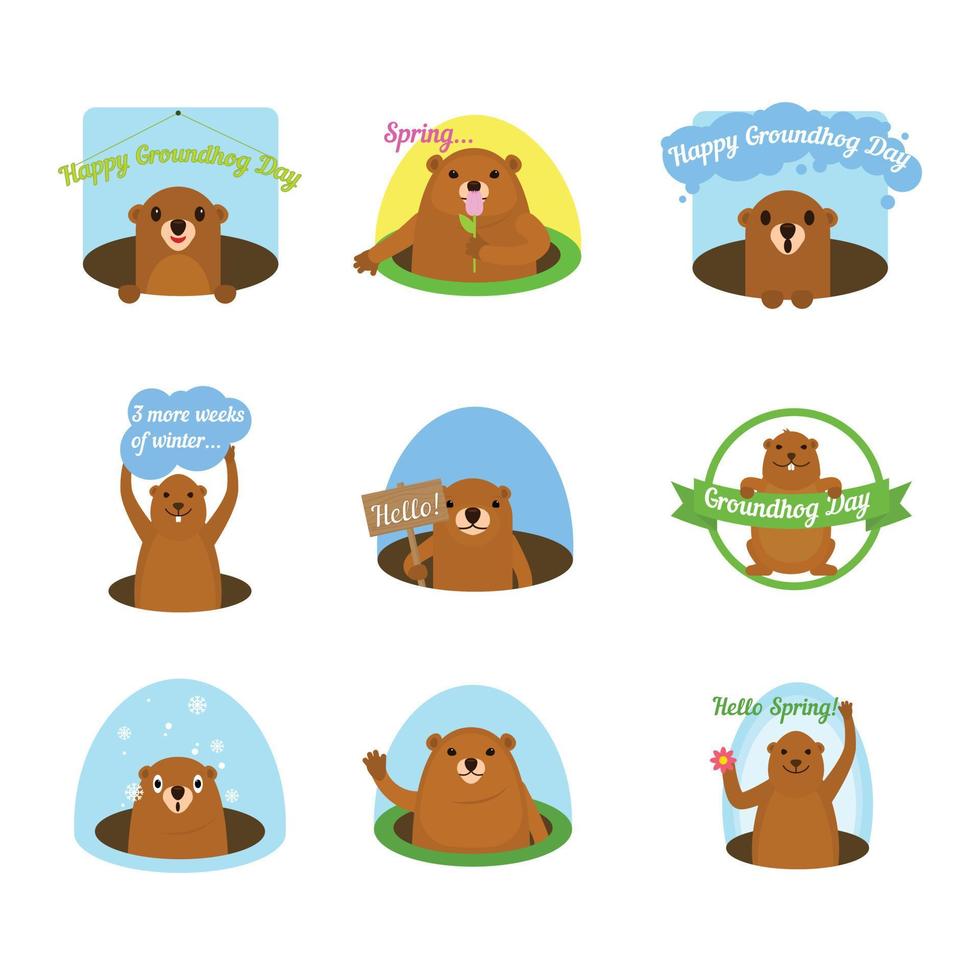jeu d'icônes de logo joyeux jour de la marmotte, style plat vecteur