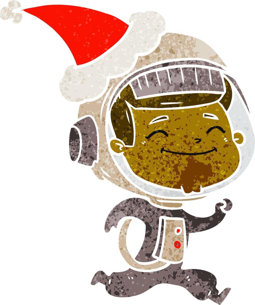 joyeux dessin animé rétro d'un astronaute portant un bonnet de noel vecteur