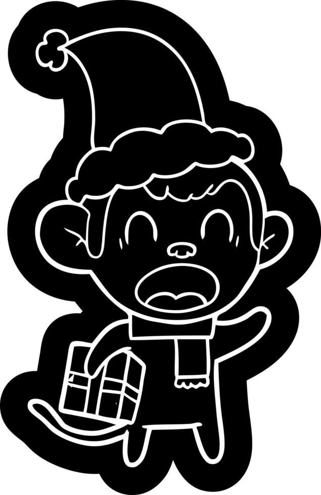 icône de dessin animé criant d'un singe portant un cadeau de noël portant un bonnet de noel vecteur