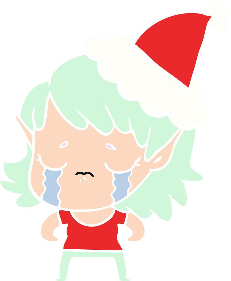 illustration en couleur plate d'une fille elfe qui pleure portant un bonnet de noel vecteur