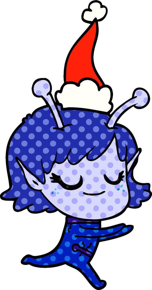 fille extraterrestre souriante illustration de style bande dessinée d'un chapeau de père noël en cours d'exécution vecteur