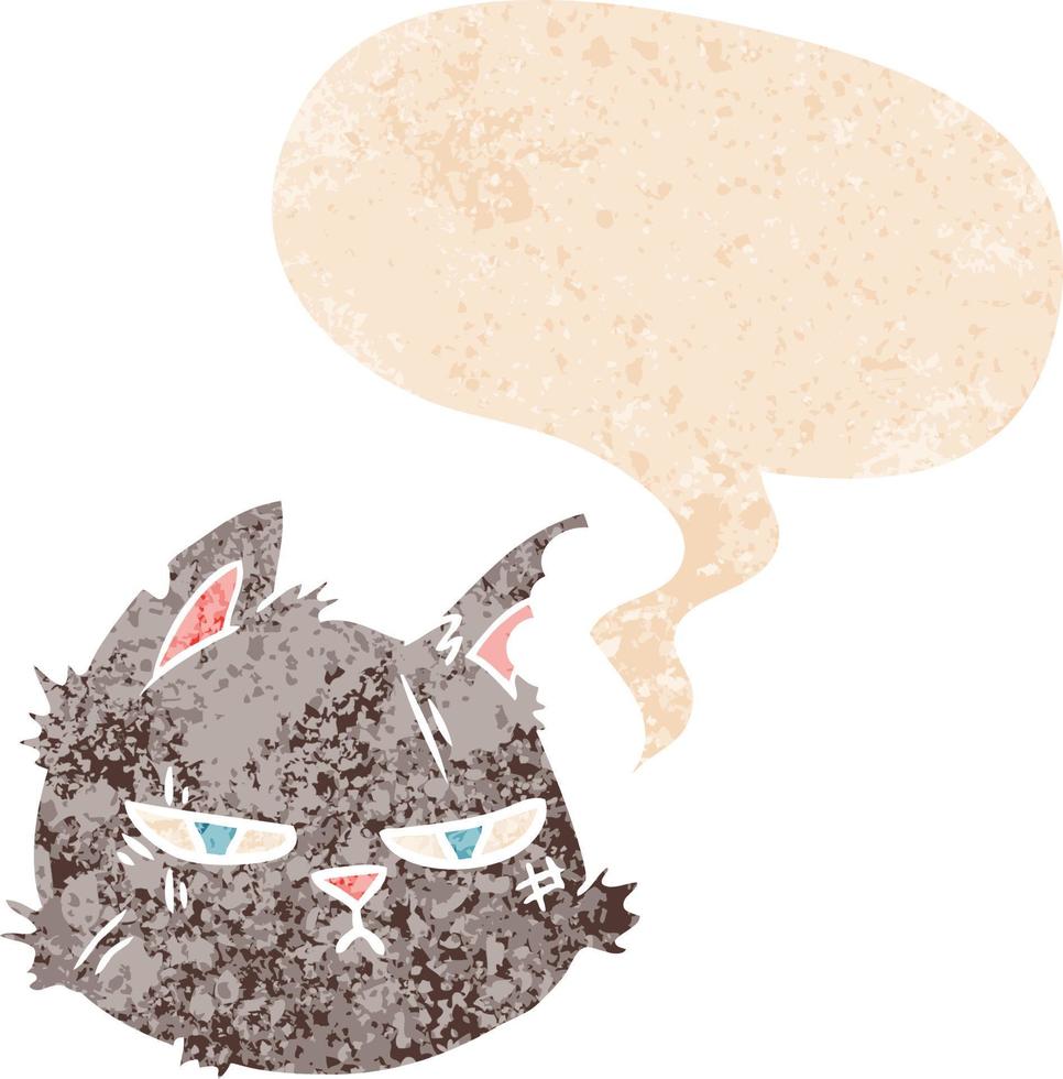 visage de chat dur de dessin animé et bulle de dialogue dans un style texturé rétro vecteur