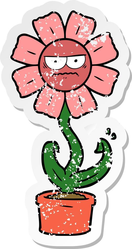 autocollant en détresse d'une fleur de dessin animé en colère vecteur
