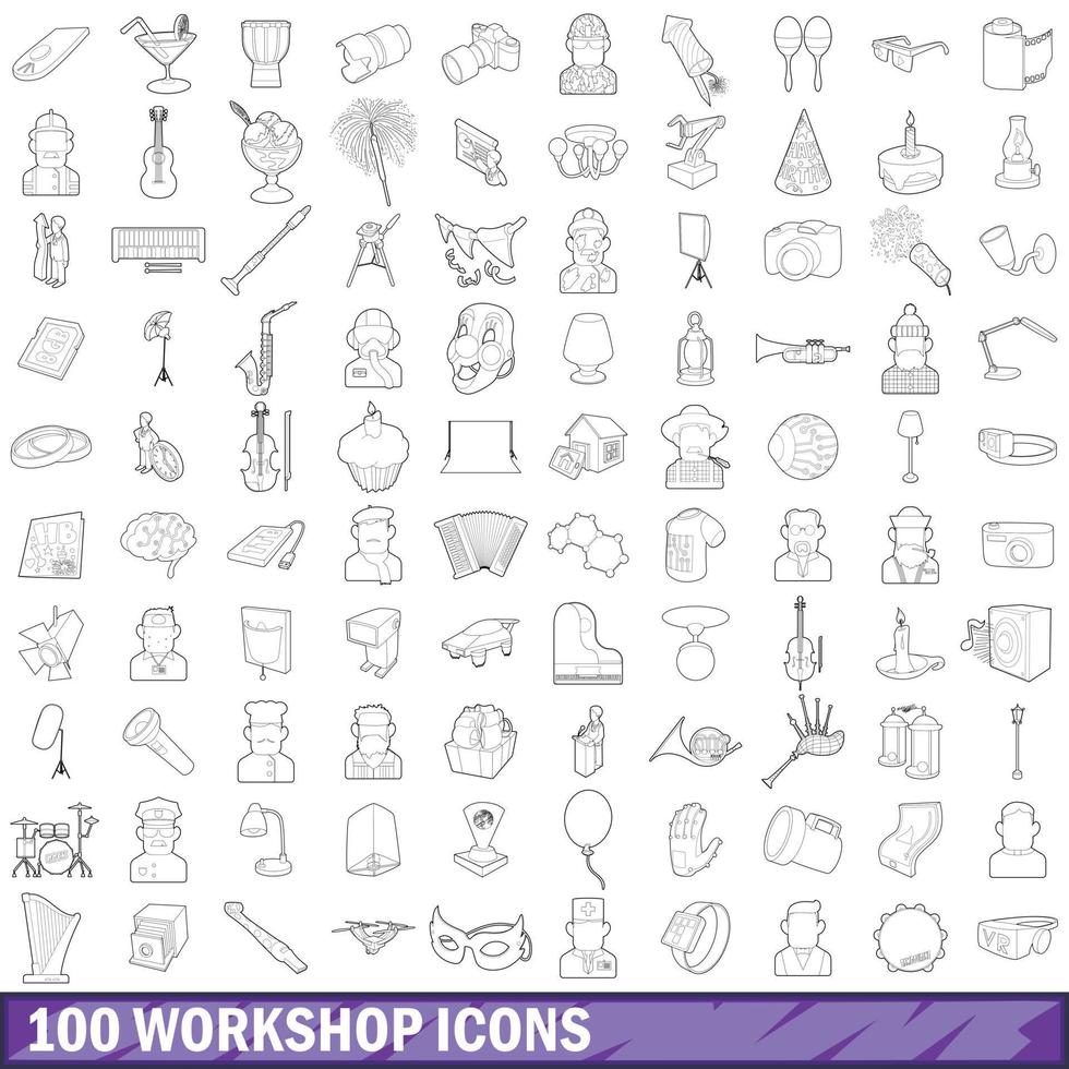 Ensemble de 100 icônes d'atelier, style de contour vecteur