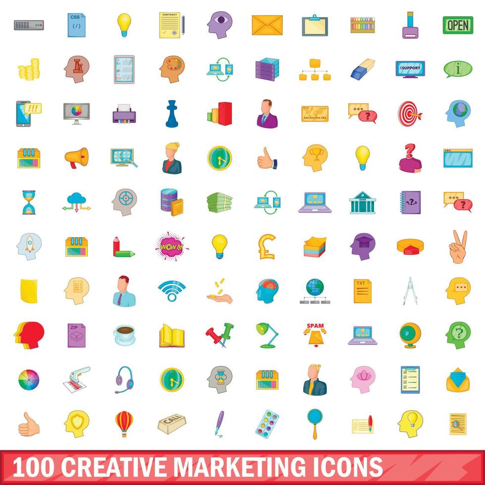 Ensemble de 100 icônes de marketing créatif, style cartoon vecteur