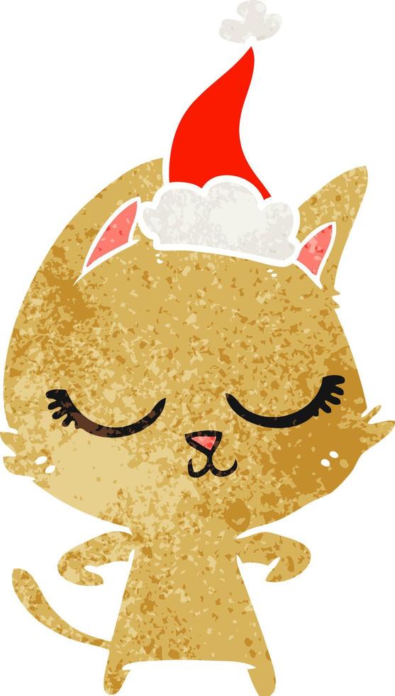 dessin animé rétro calme d'un chat portant un bonnet de noel vecteur