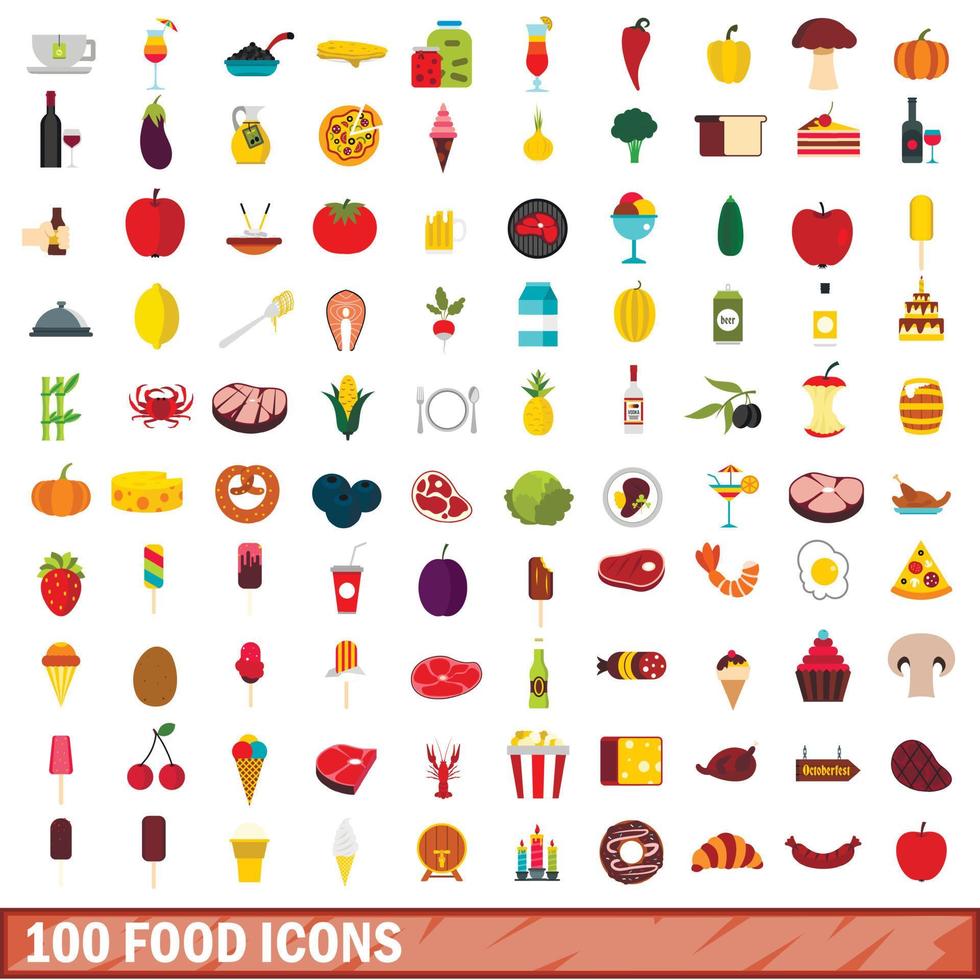 Ensemble de 100 icônes alimentaires, style plat vecteur