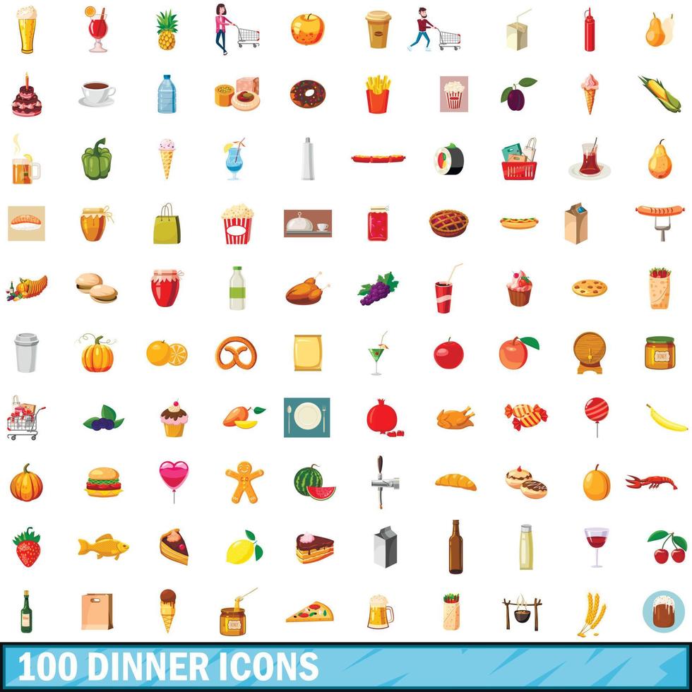 Ensemble de 100 icônes de dîner, style dessin animé vecteur