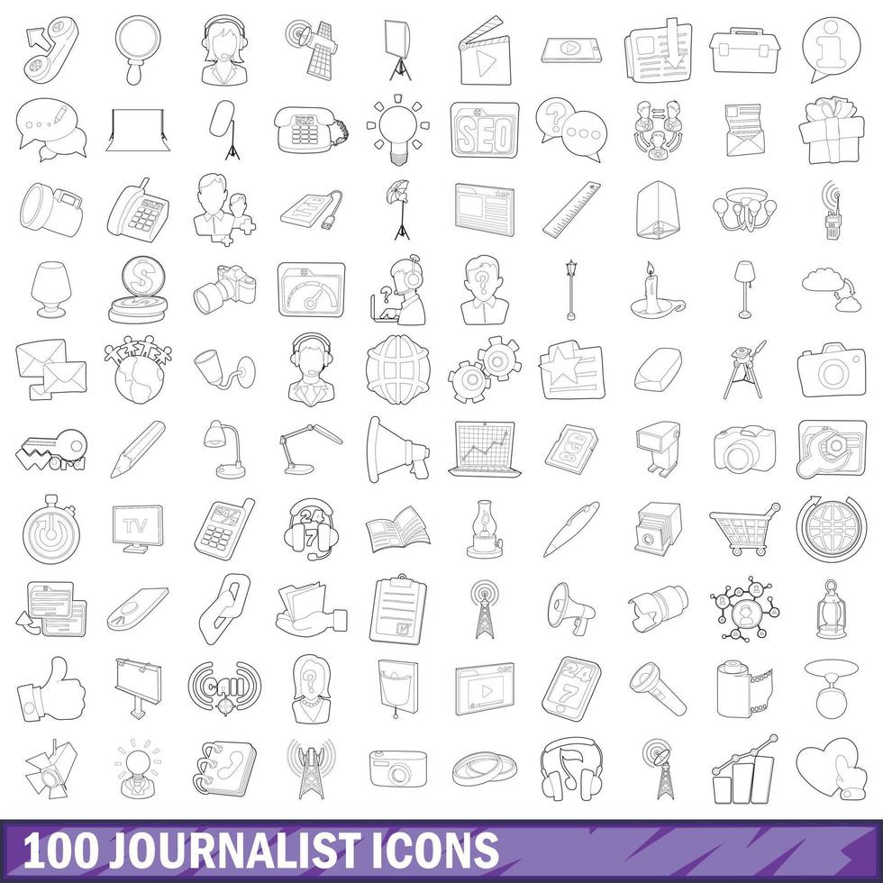 Ensemble de 100 icônes de journaliste, style de contour vecteur