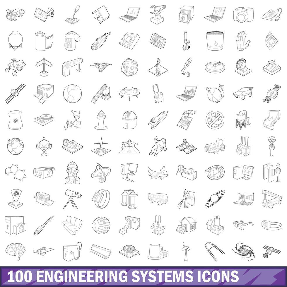 Ensemble de 100 icônes de systèmes d'ingénierie, style de contour vecteur
