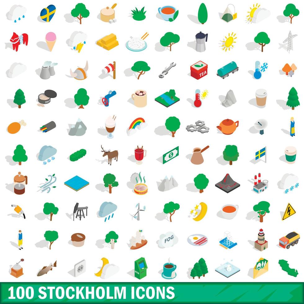 Ensemble de 100 icônes de stockholm, style 3d isométrique vecteur
