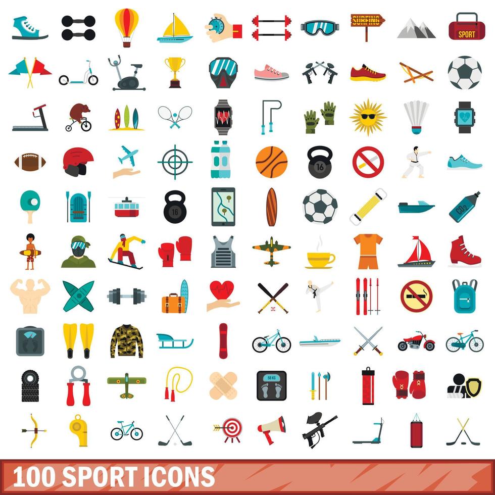 Ensemble de 100 icônes de sport, style plat vecteur