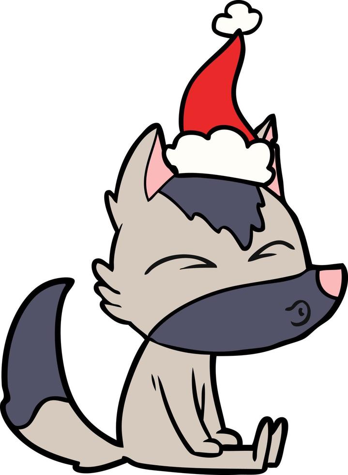 dessin au trait d'un loup sifflant portant un bonnet de noel vecteur