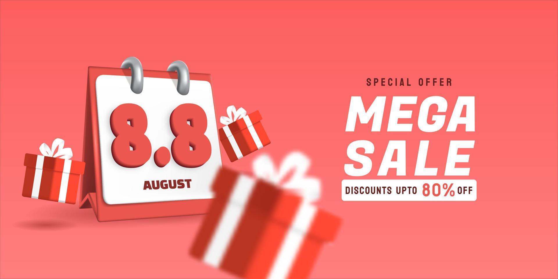 8,8 méga vente avec calendrier 3d. conception de modèle de bannière de vente d'août pour les médias sociaux et le site Web. vecteur