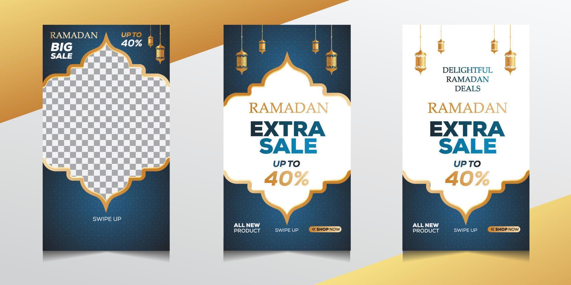ramadan sale stories post template banners ad. modèle de publication sur les réseaux sociaux du ramadan avec des zones vides pour les images ou le texte. illustration vectorielle modifiable. vecteur