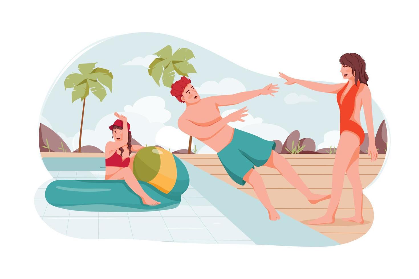 un groupe d'amis profite de fêtes au bord de la piscine en été. femmes poussant des amis masculins dans la piscine. vecteur