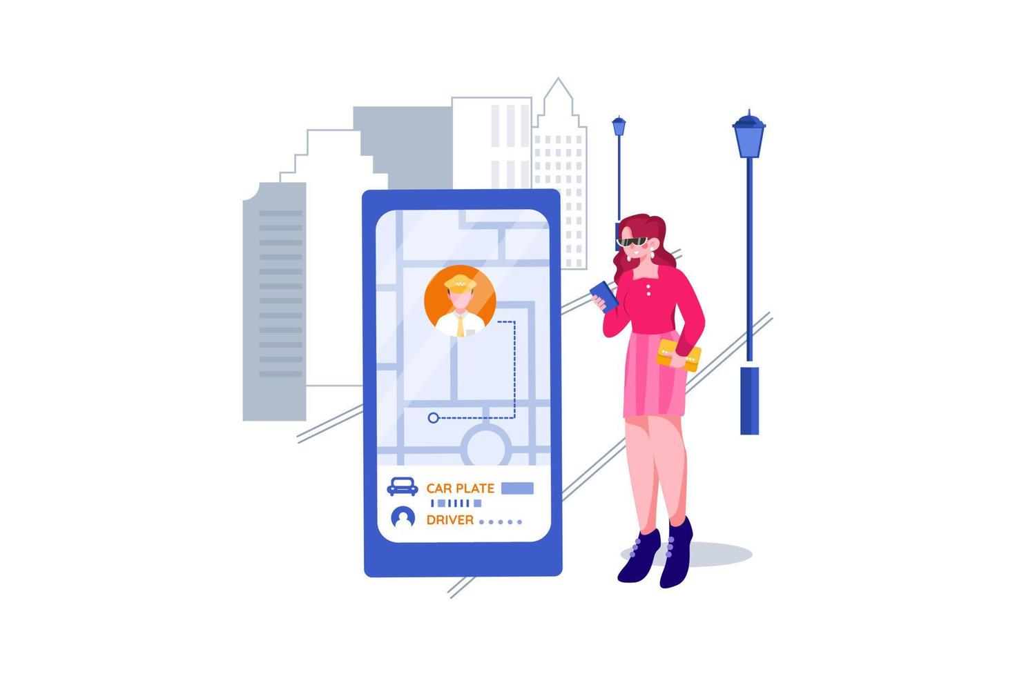 modèle look femme suivi du taxi appelé par une application de téléphonie mobile vecteur