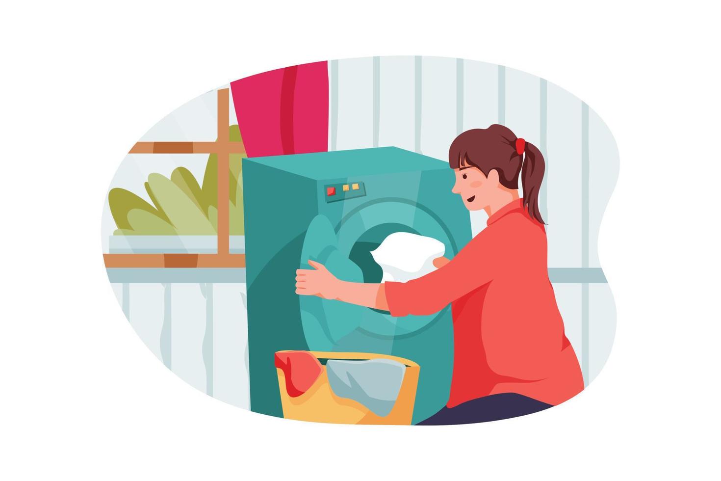 la femme de ménage apportant des vêtements à la machine à laver. vecteur