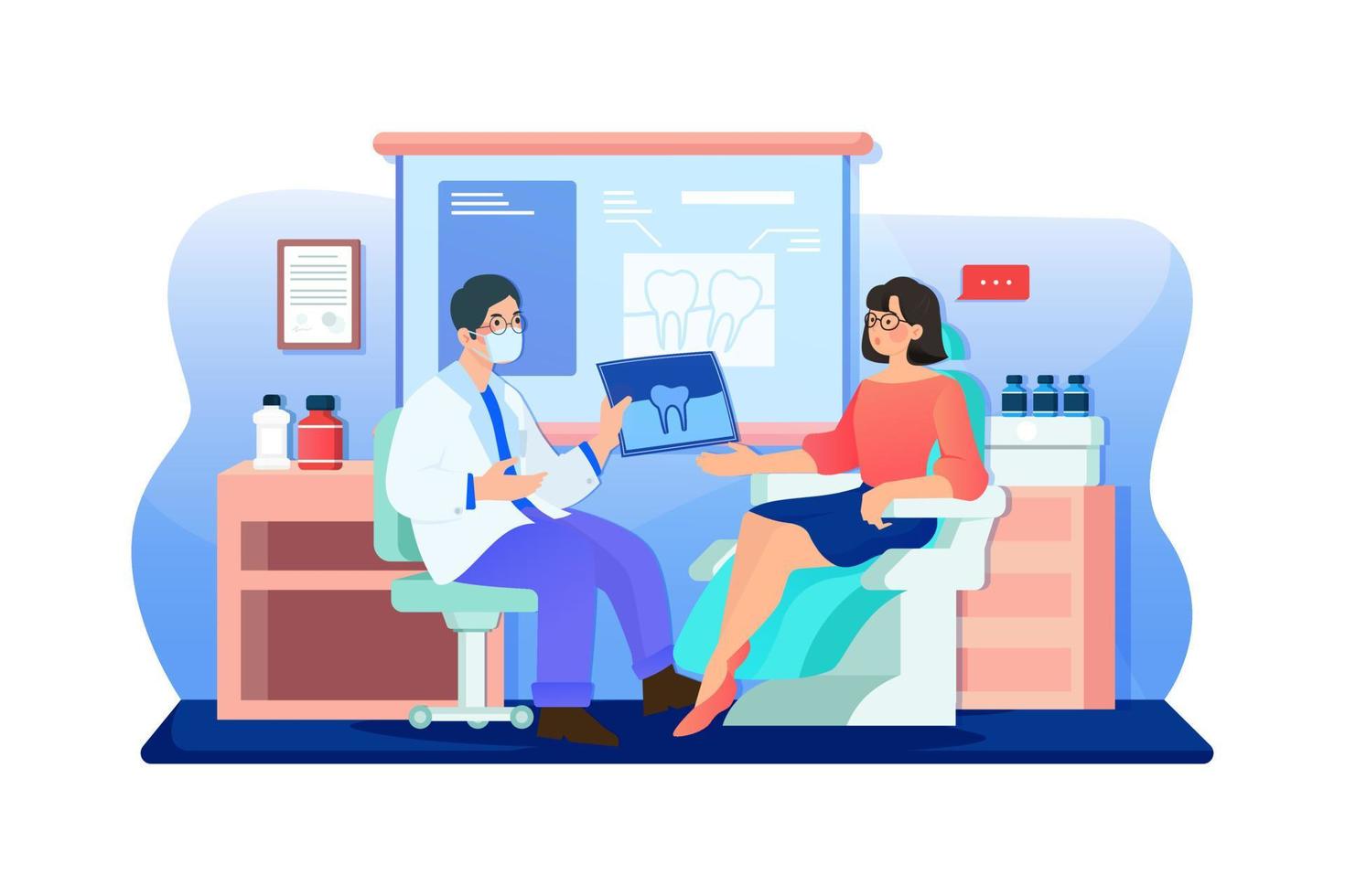 femme assise dans une chaise de dentiste, écoutant les explications des médecins sur les résultats des radiographies vecteur