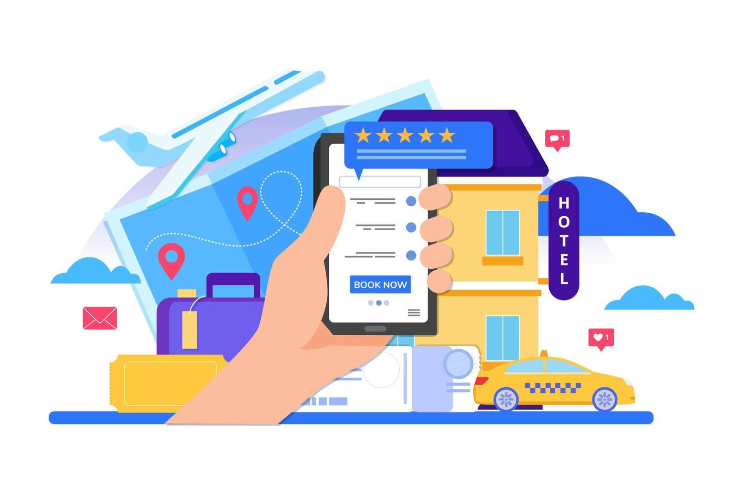 concept de conception de réservation en ligne pour hôtel de téléphone portable, vol, voiture, billets. vecteur