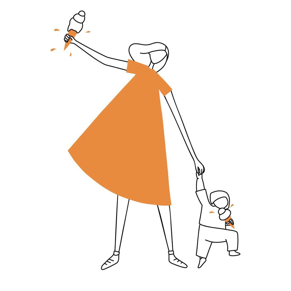 la jeune mère en robe orange tient la main de son fils en fuite. femme et bébé mangeant de la glace. le concept de maternité heureuse vecteur
