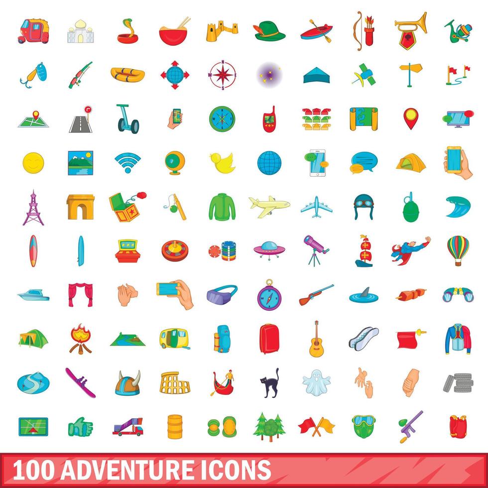 Ensemble de 100 icônes d'aventure, style dessin animé vecteur