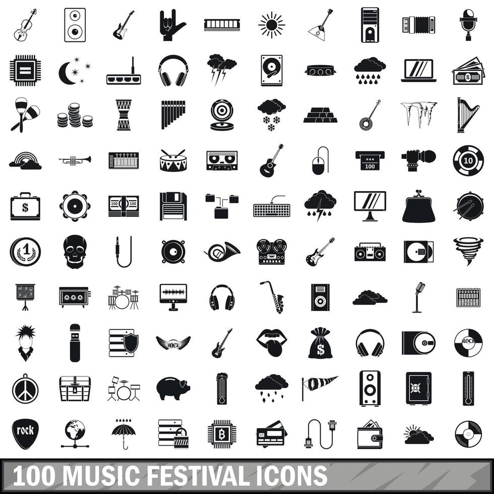 Jeu de 100 icônes de festival de musique, style simple vecteur