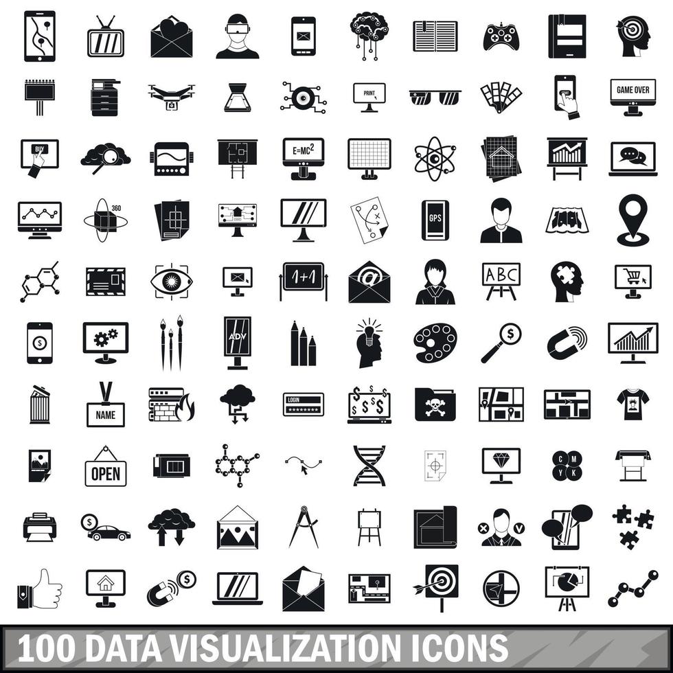 Ensemble de 100 icônes de visualisation de données, style simple vecteur