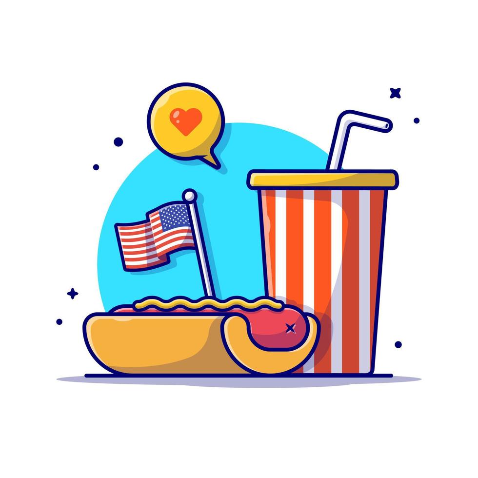 hot-dog savoureux avec drapeau de la fête de l'indépendance des états-unis, soda et illustration d'icône de vecteur de dessin animé de bulle de discours. concept d'icône d'objet alimentaire isolé vecteur premium. style de dessin animé plat