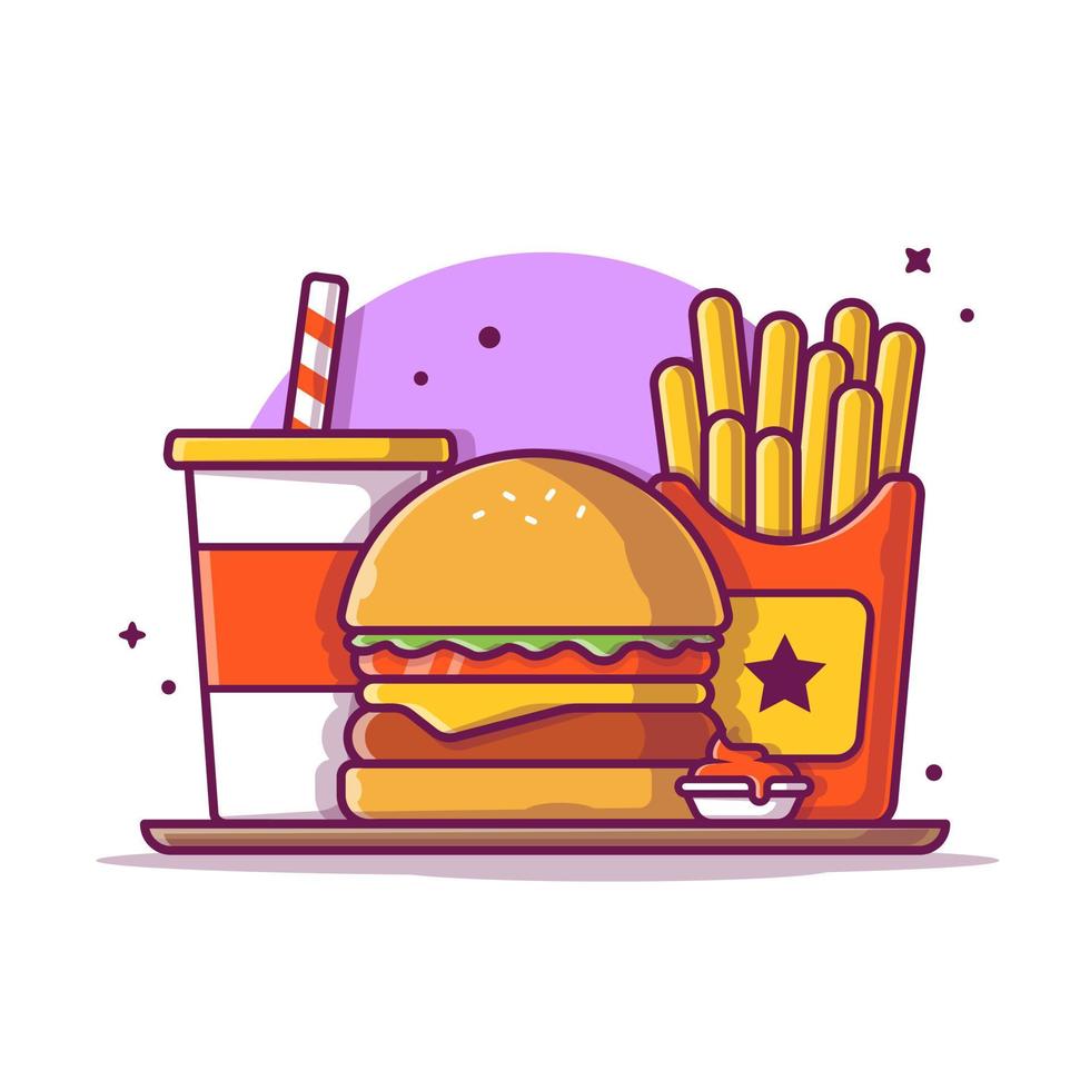 burger, frites et illustration d'icône de vecteur de dessin animé de boisson gazeuse. concept d'icône d'objet alimentaire isolé vecteur premium. style de dessin animé plat