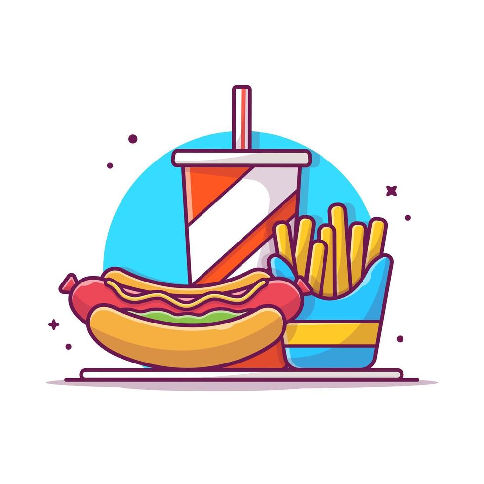 hot-dog, frites et illustration d'icône de vecteur de dessin animé de boisson gazeuse. concept d'icône d'objet alimentaire isolé vecteur premium. style de dessin animé plat