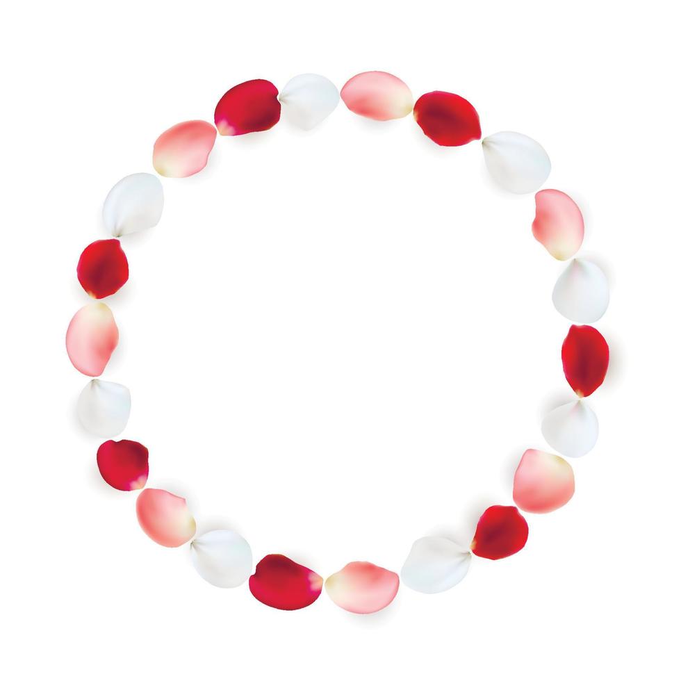 cadre rond en pétales de rose. pétales blancs, rouges et roses disposés en cercle. vecteur