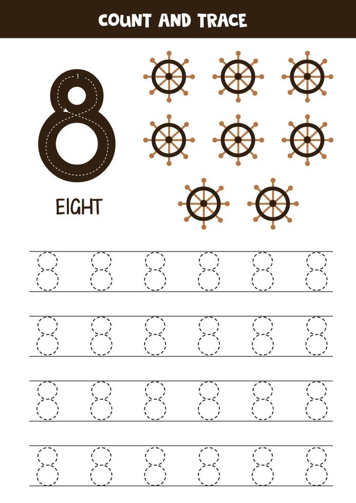 feuille de calcul des numéros de traçage avec des éléments de pirate mignons. vecteur