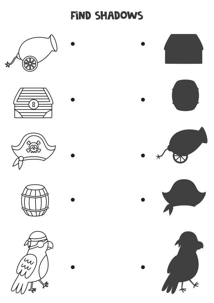 trouver les ombres correctes des éléments pirates en noir et blanc. puzzle logique pour les enfants. vecteur