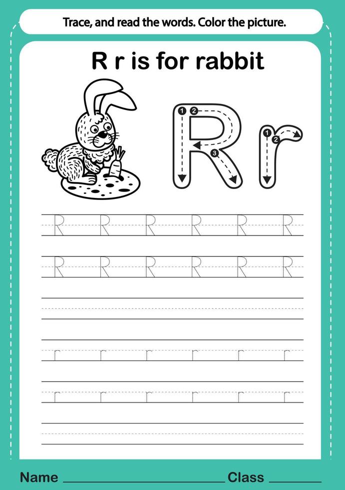 exercice alphabet r avec vocabulaire de dessin animé pour illustration de livre à colorier, vecteur