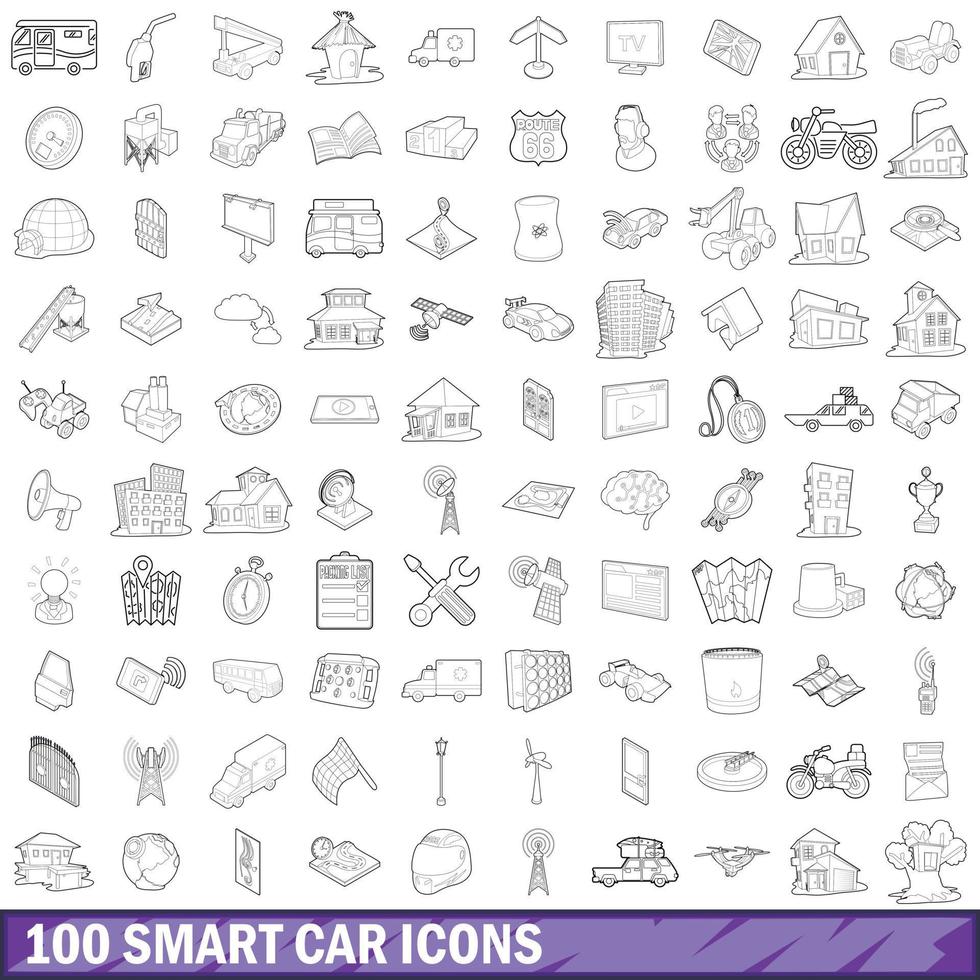 Ensemble de 100 icônes de voiture intelligente, style de contour vecteur