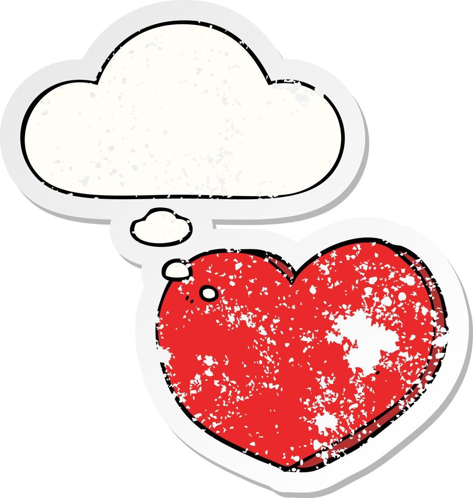 dessin animé coeur d'amour et bulle de pensée comme un autocollant usé en détresse vecteur