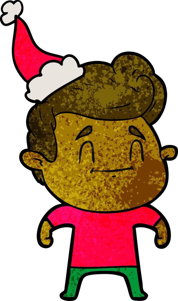 dessin animé texturé heureux d'un homme portant un bonnet de noel vecteur