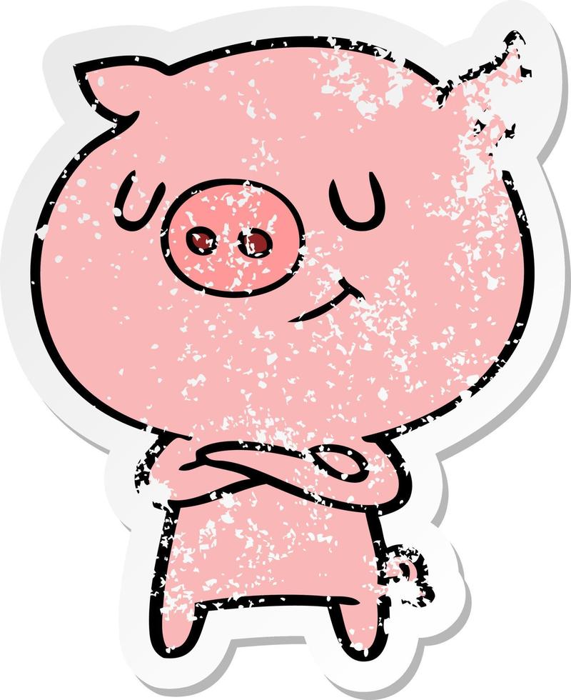 autocollant en détresse d'un cochon de dessin animé heureux vecteur