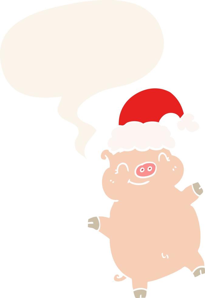 dessin animé joyeux noël cochon et bulle de dialogue dans un style rétro vecteur