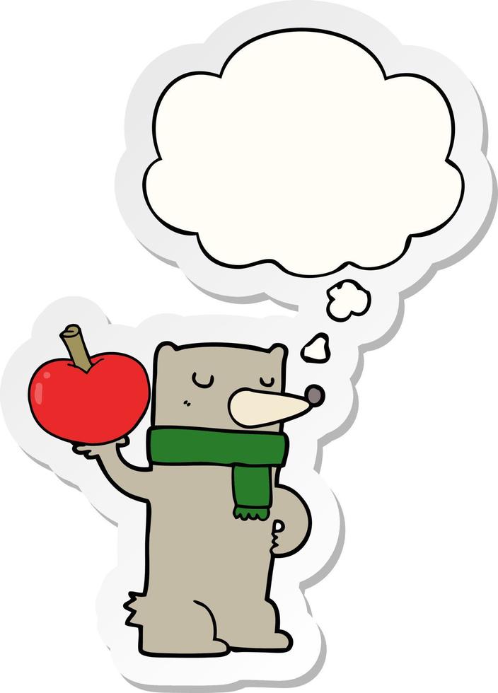 ours en dessin animé avec pomme et bulle de pensée sous forme d'autocollant imprimé vecteur