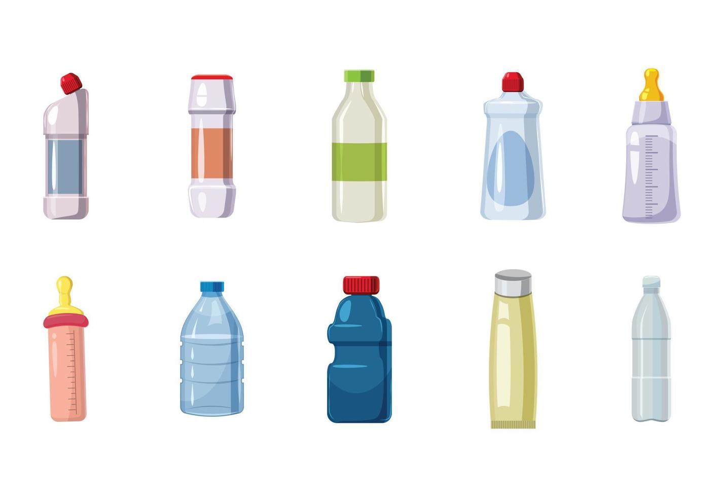 jeu d'icônes de bouteille en plastique, style cartoon vecteur