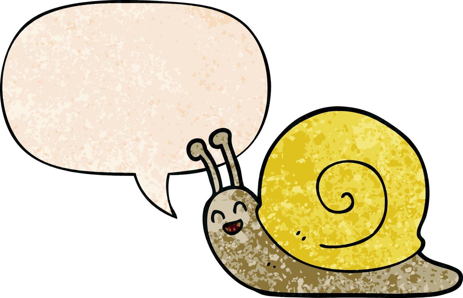 escargot de dessin animé et bulle de dialogue dans un style de texture rétro vecteur