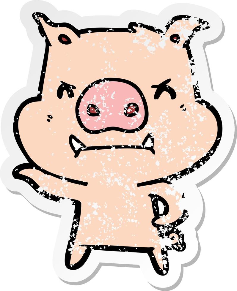 autocollant en détresse d'un cochon de dessin animé en colère vecteur