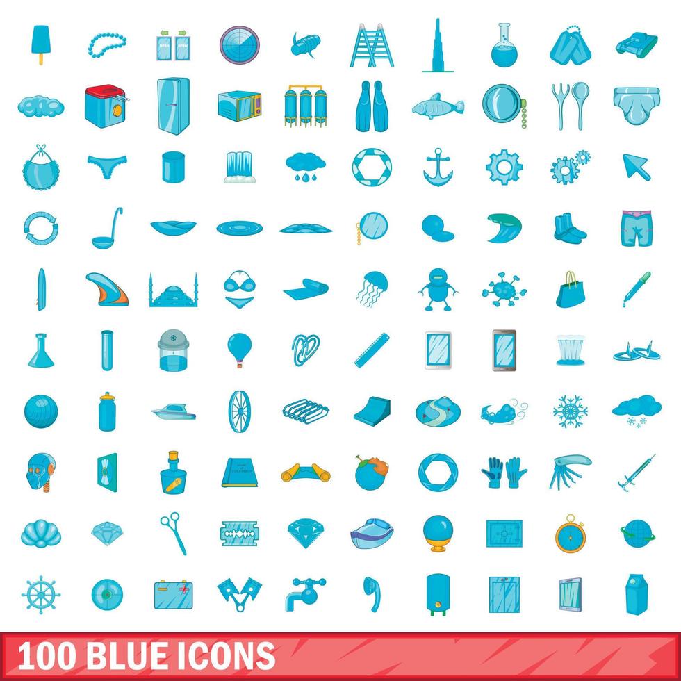 Ensemble de 100 icônes bleues, style dessin animé vecteur
