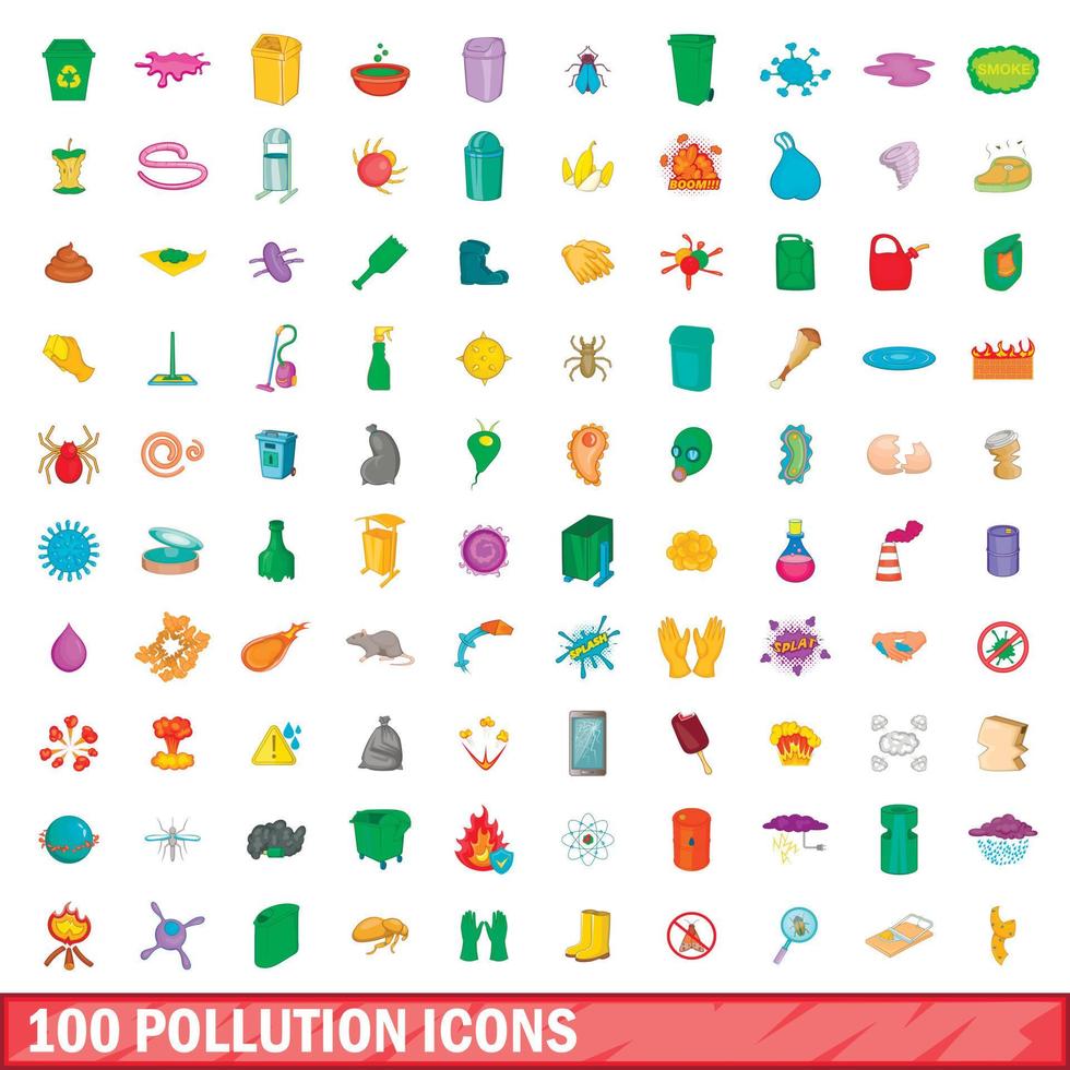Ensemble de 100 icônes de pollution, style cartoon vecteur