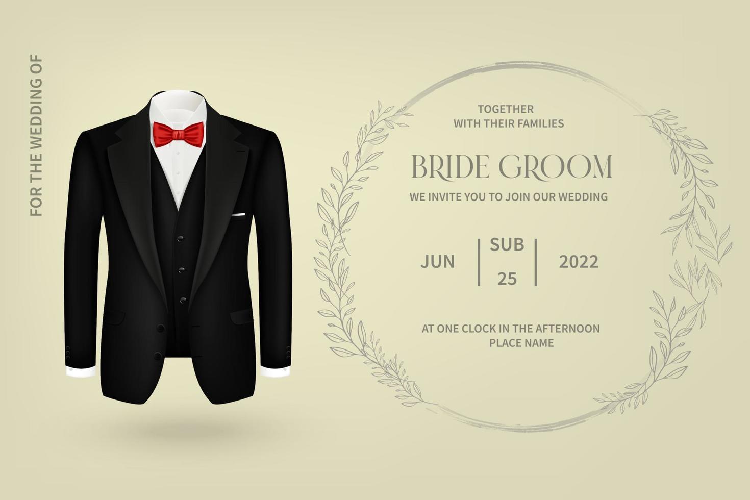 une invitation à un mariage avec une silhouette du marié de profil. un modèle de carte postale avec une inscription sur fond beige. vecteur