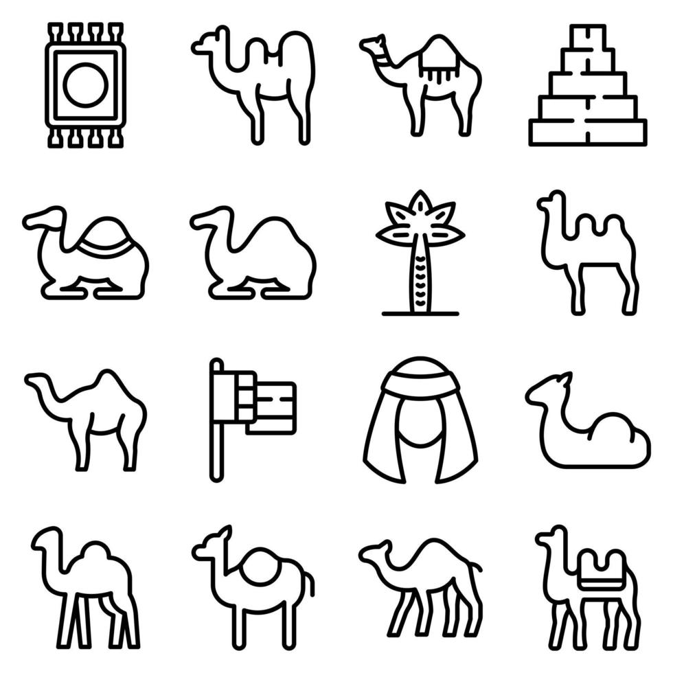 jeu d'icônes de chameau, style de contour vecteur