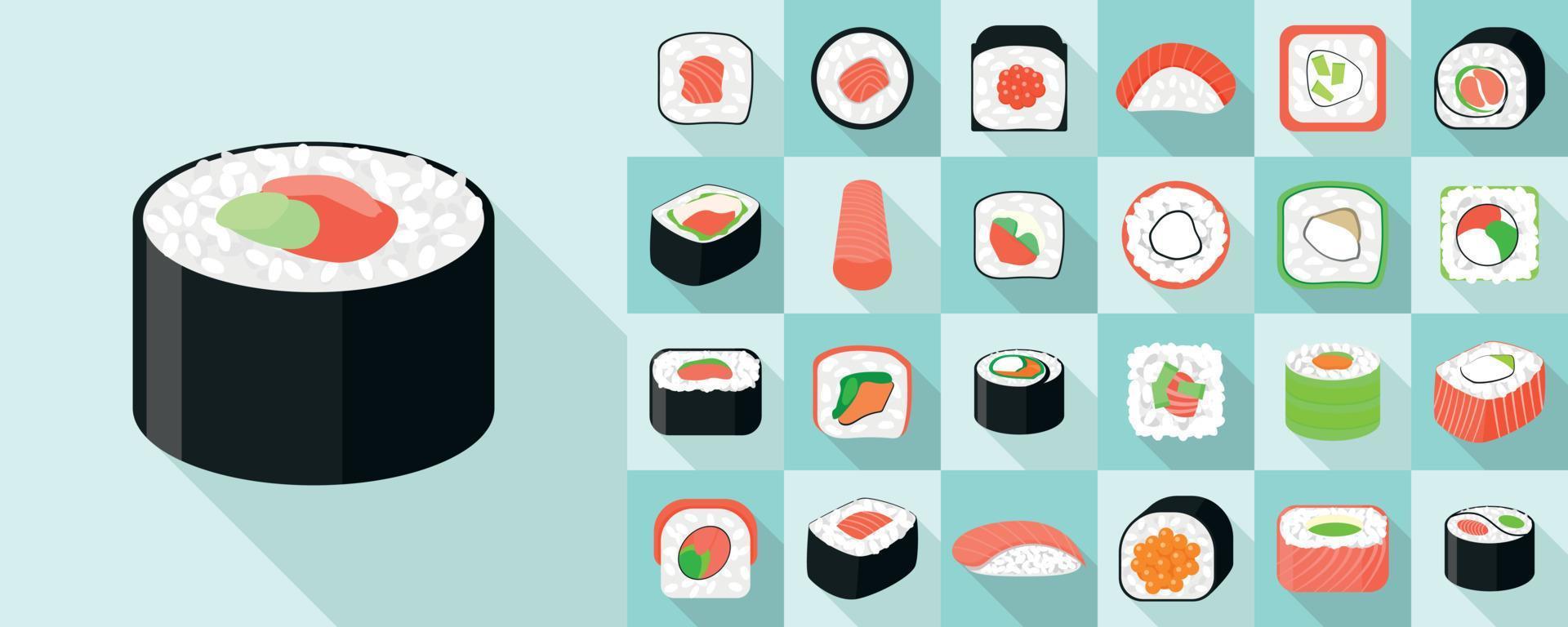 jeu d'icônes de rouleau de sushi, style plat vecteur