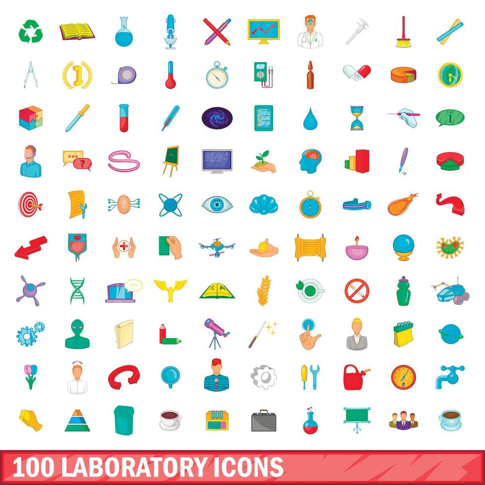 Ensemble de 100 icônes de laboratoire, style dessin animé vecteur